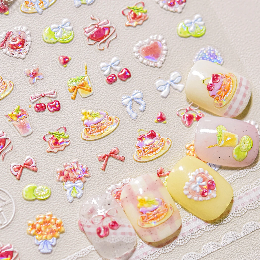 Colored Shiny Dessert Cherry Bowknot Cake Bow Tie Drink Food Cookie Apple Peach Lemon Love Heart Nail Art Sticker Manicure Decal