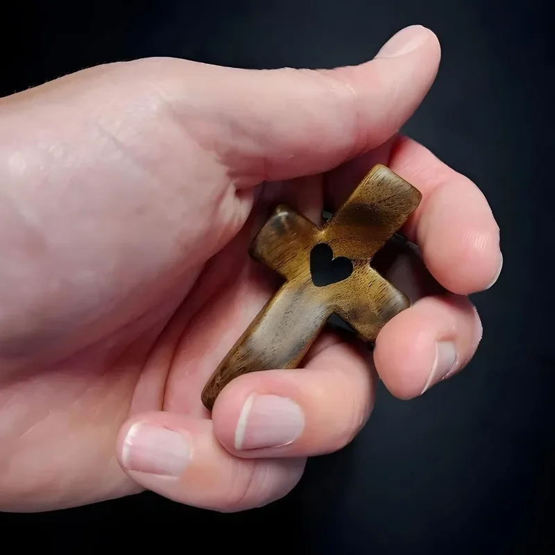 Pocket-Sized Olive Wood Cross - Heart Cutout Wooden Religious Cross for Prayer and Comfort - Encouragement Gift for Christmas