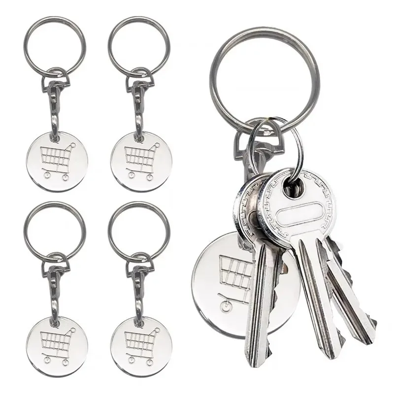 1/6Pcs Stainless Steel Shopping Cart Trolley Token Keychain Universal Portable Key Ring Ornament Store Accessory