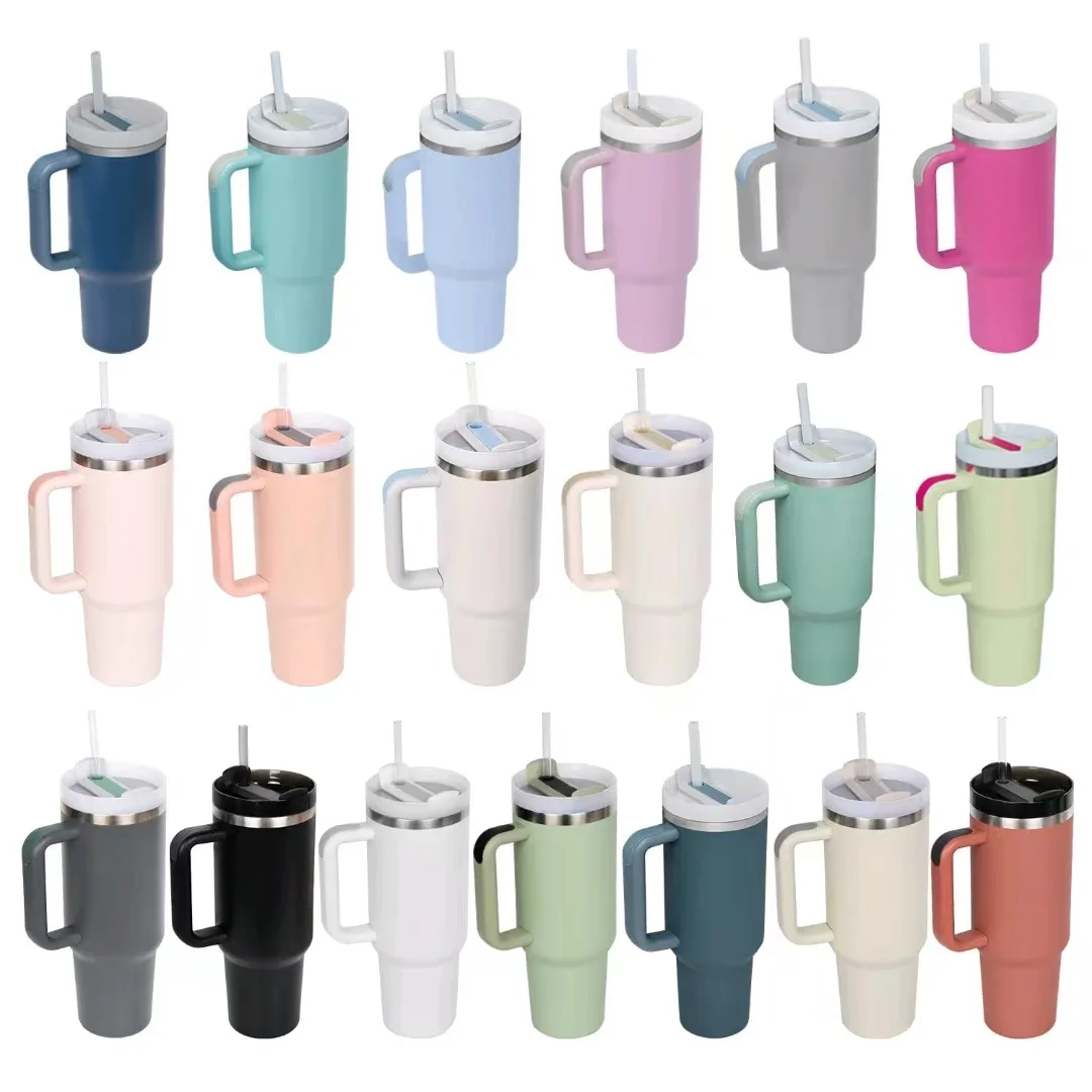 

40oz Insulated Tumbler with Handle & White Straw - Stainless Outdoor Cups ,Car Water Cup,13 Color Options (Mint/Pink/White/Black