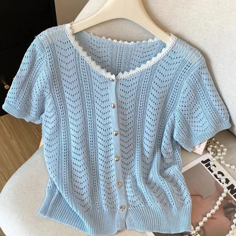 Oversized Summer Thin Knitting Cardigan Short Sleeve T-Shirts Ladies Lace Patchwork Buttons Hollow Out T-Shirts Top Tee JJ24