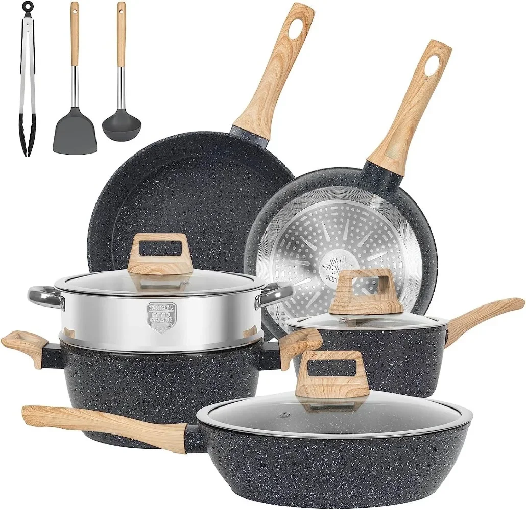 

12pcs Pots and Pans Set Non Stick Kitchen Cookware Sets Induction Cookware Nonstick Granite Cooking Set with Frying Pans,
