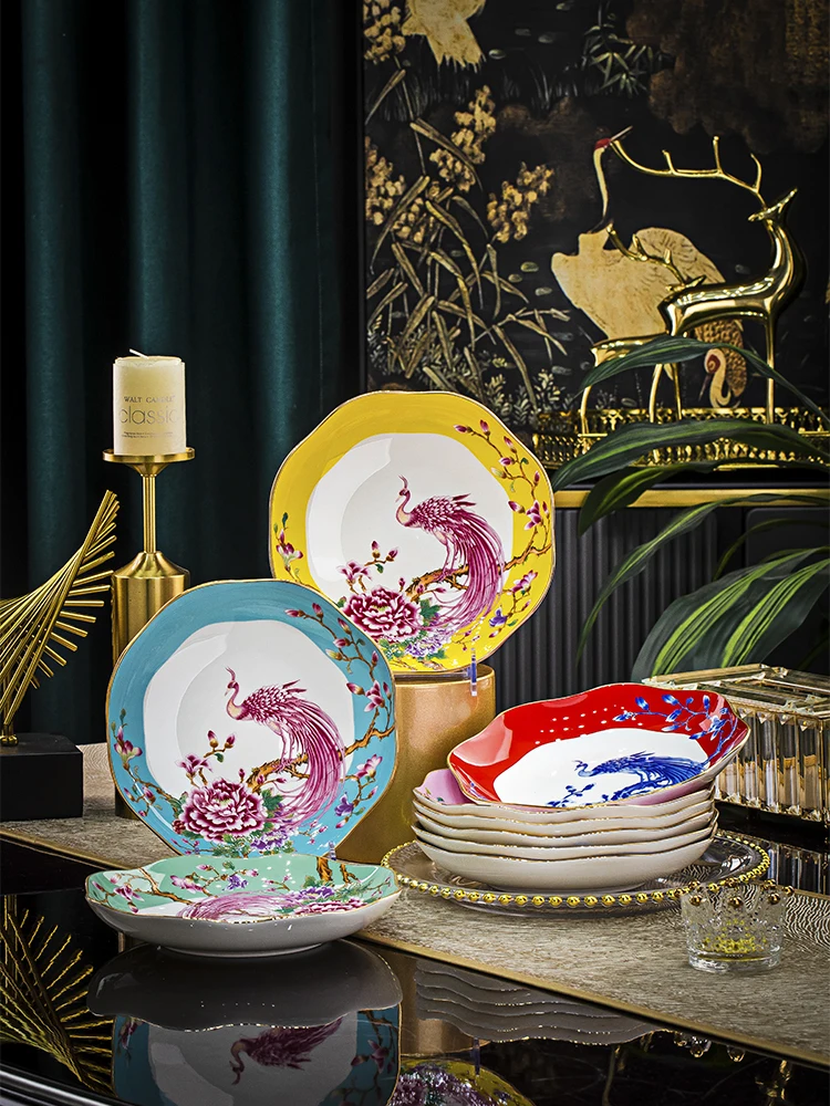 

Jingdezhen Ceramic Flower Mouth Deep Plate Enamel Color Chinese Household Dish High End Restaurant Hotel Relocation Gift