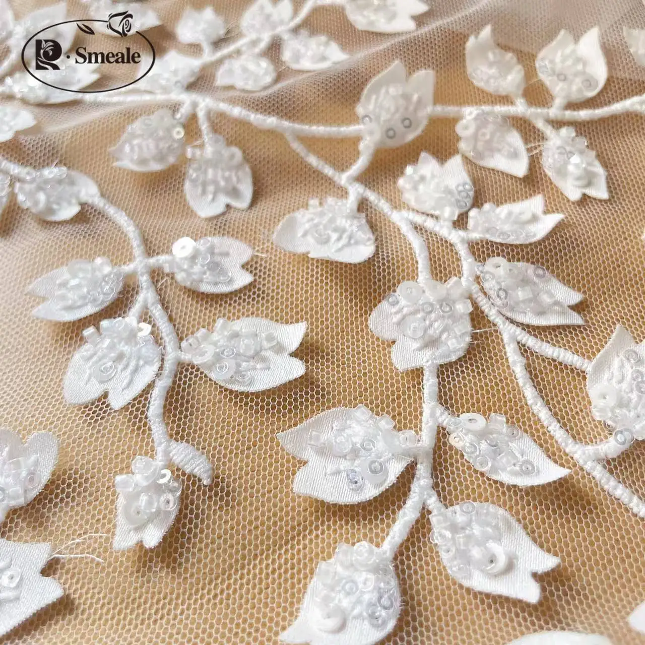 Flower and Leaf Wedding Dress Lace Fabric 3D Chiffon Flowers Beaded Lace Fabric  RS24460