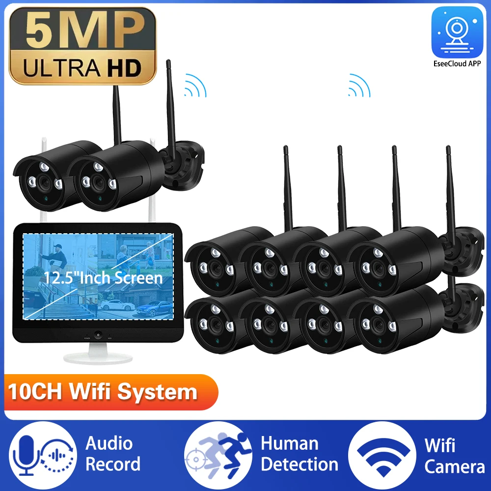 

CCTV Wireless NVR Camera System Motion Detection Audio Record IR Night Vision 5MP IP Camera 10CH 12.5Inch Screen Monitor NVR Kit