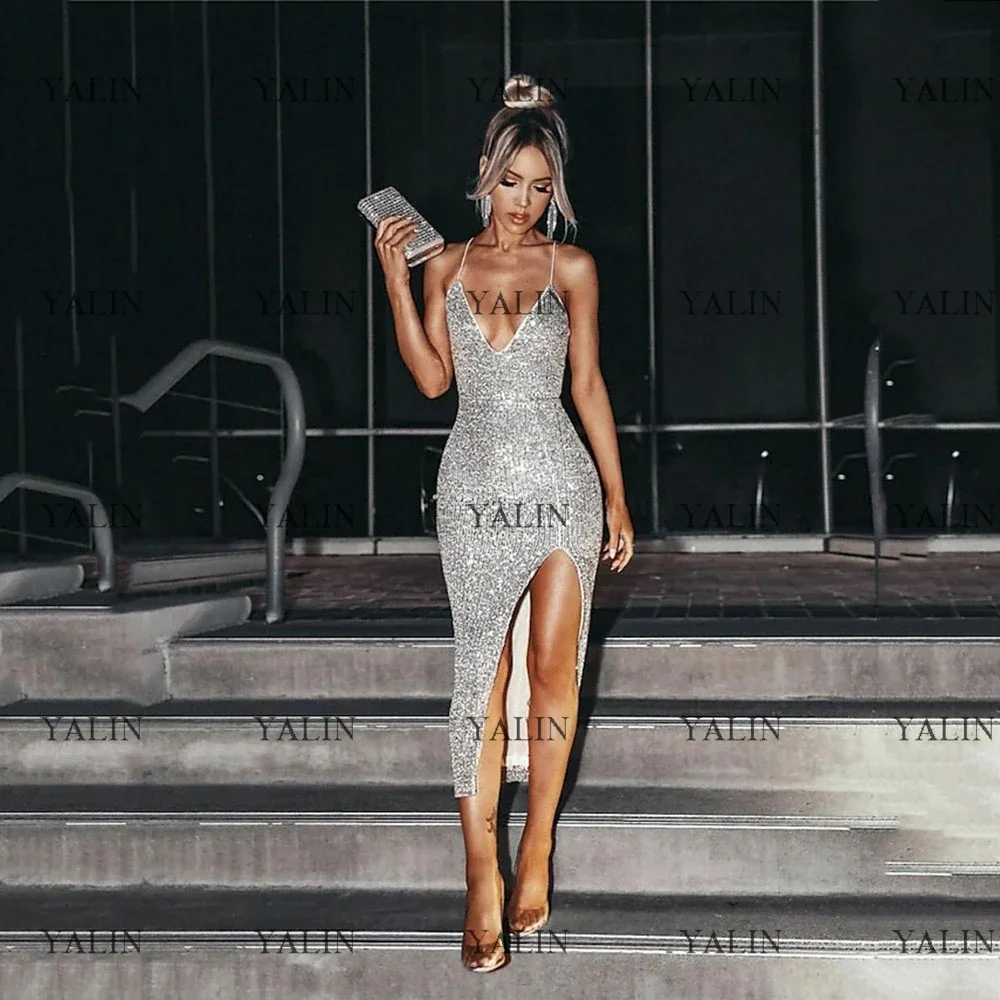 

YALIN Sparkly Column Cocktail Party Dresses Midi Length Front Slit Sequined Prom Deep V-Neck Silver Evening Gowns