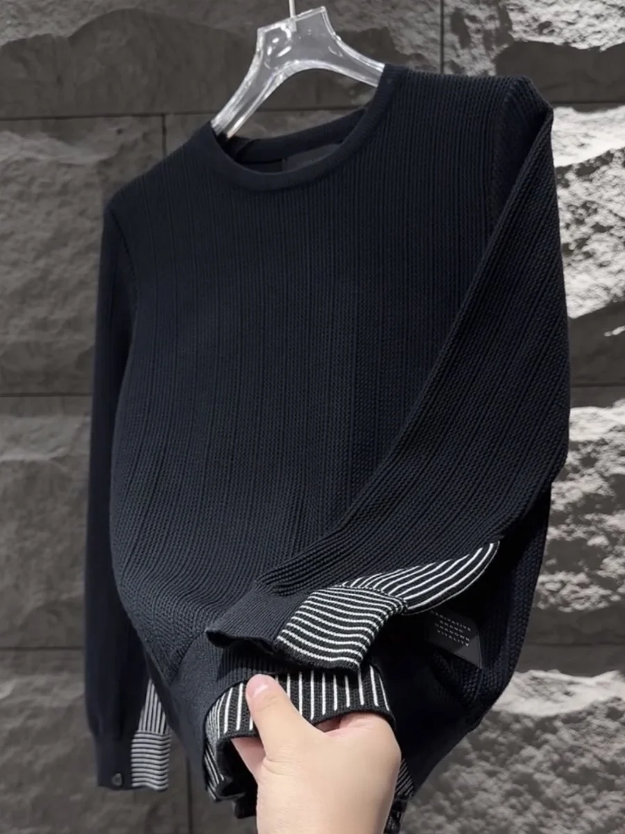 

Men's Faionable Striped Color Blo Knitted Sweater round Ne Fake Two-Piece Sle Autumn Winter New Arrival Soft Polyester