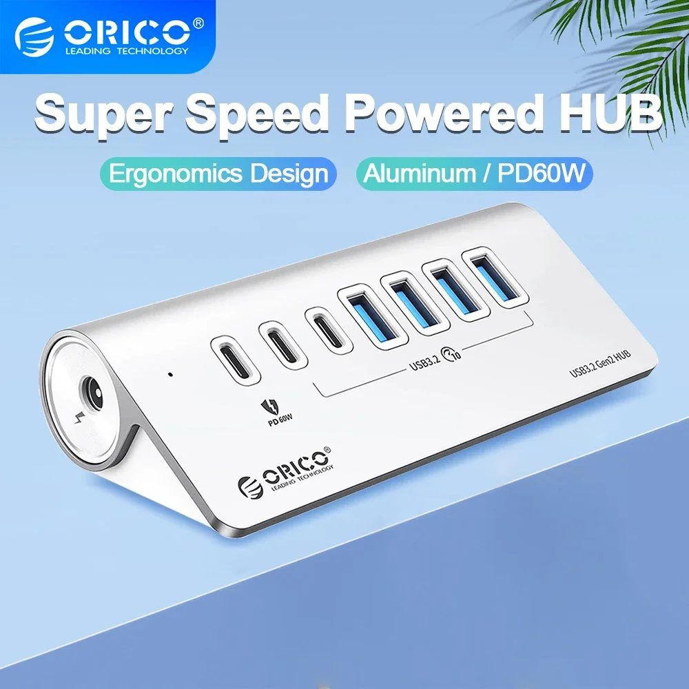 ORICO Aluminum 10Gbps USB 3.2 HUB SuperSpeed Powered PD60W Charger Type C Splitter With Power Adapter for MacBook PC Accessories