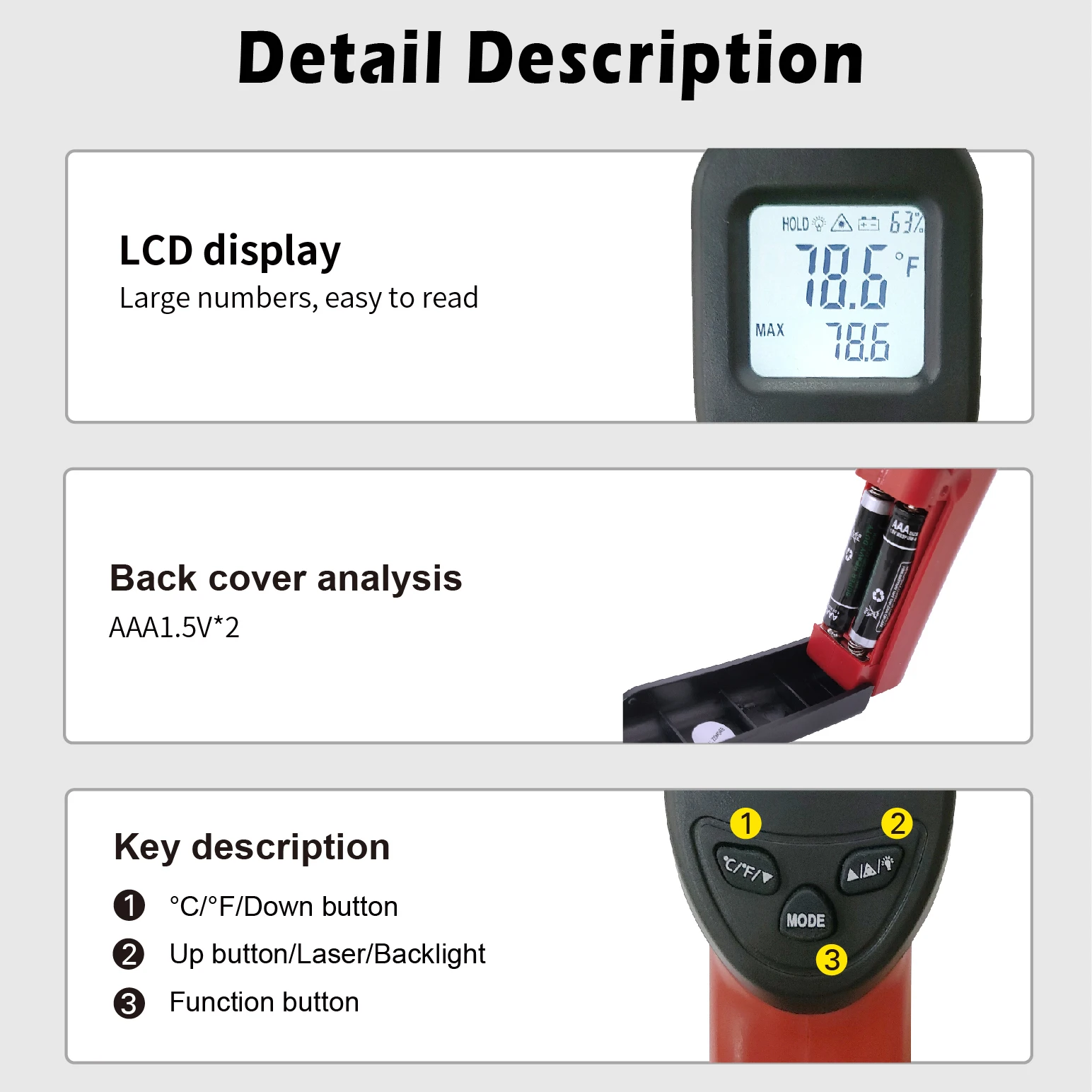 Digital Thermometer Non-contact industrial Infrared Laser LCD Color Screen Kitchen Thermometer Temperature Gun Tester-50-380