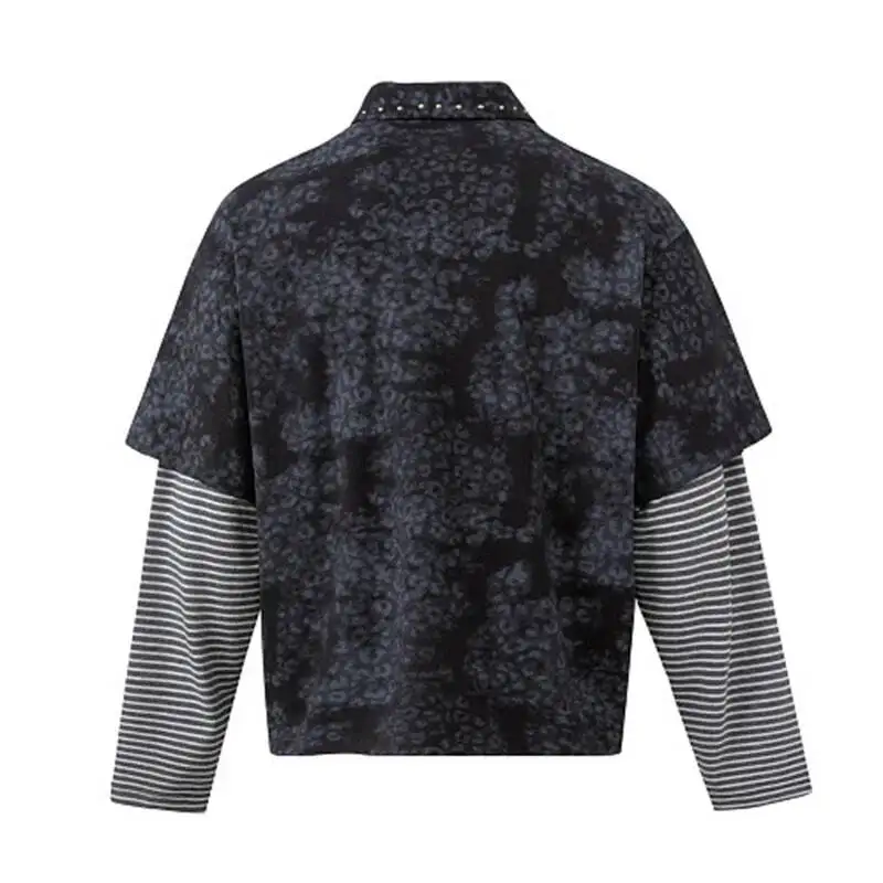 Lapel Polo Tie Dye Print Fake Two-Piece Stripe Splicing Men T-shirt Niche American Vintage Autumn Long Sleeve Tops NVFU8