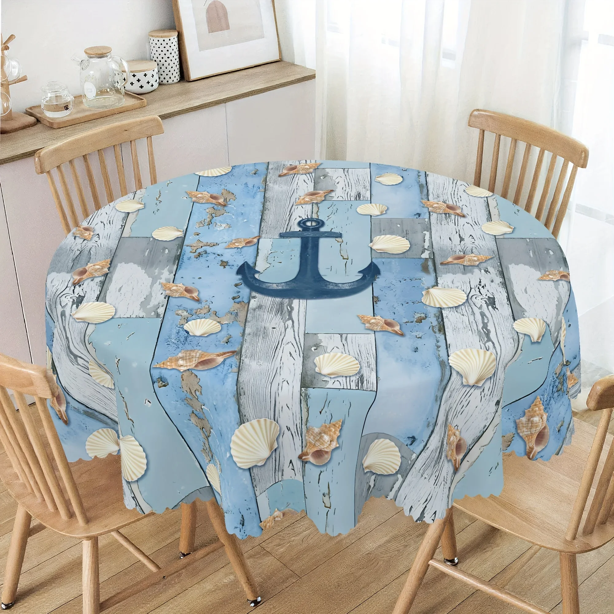 One vintage blue ocean-themed tablecloth - Blue wood-grain sea star, shell and anchor pattern for table covering, yzb