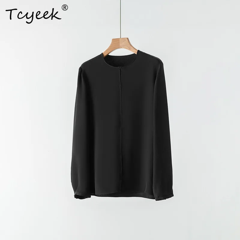

Tcyeek, 100%Real Silk Elegant Shirts, Women Long Sleeve O Neck Solid, Commute Loose Basics Blouses, 2024 Summer Fall T48313QC