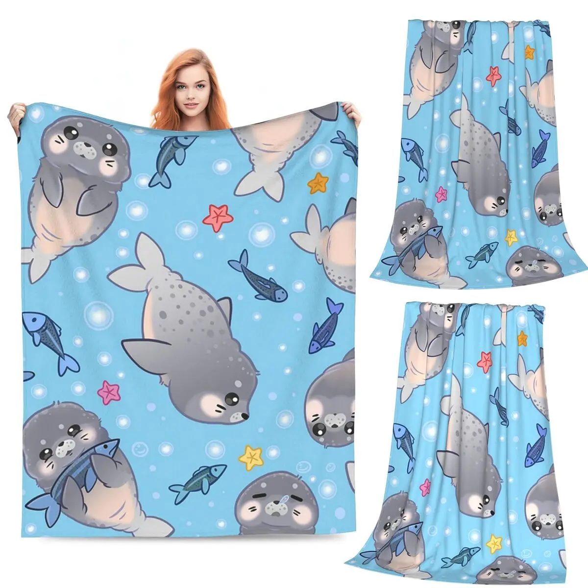 

Kawaii Seal Pattern Blankets Flannel Sofa Throw Blanket Lightweight for Home Bedroom Outdoor Throws Bedspread Quilt