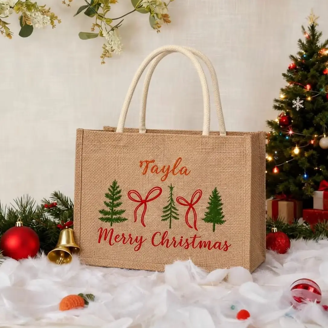 Personalized 10ps Christmas Burlap Tote Bag Custom Name Merry Christmas Print Reusable Linen Gift Bag Holiday Shopping Party Use