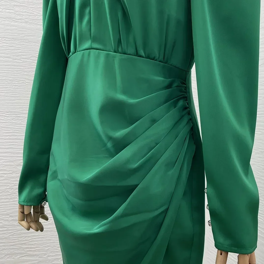 Green Cross Long Sleeve Knot Front Diamonds Side Slit Satin Midi Dress Elegant Women New Top Quality Clothes