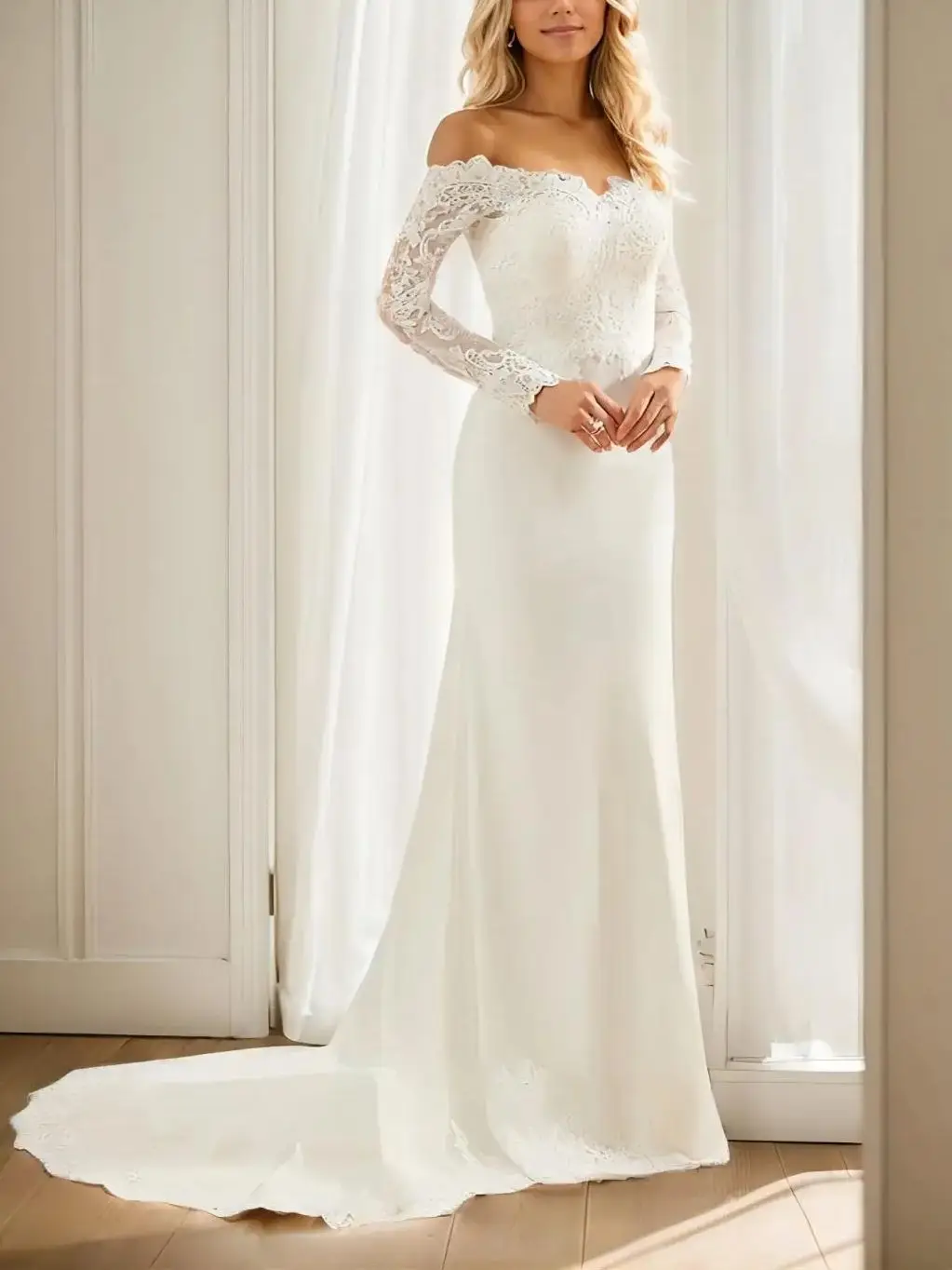 

Elegant Mermaid Wedding Dress Off Shoulder Long Sleeves Lace Appliques Solid Color Court Train Bridal Gown 2025 Free Customized