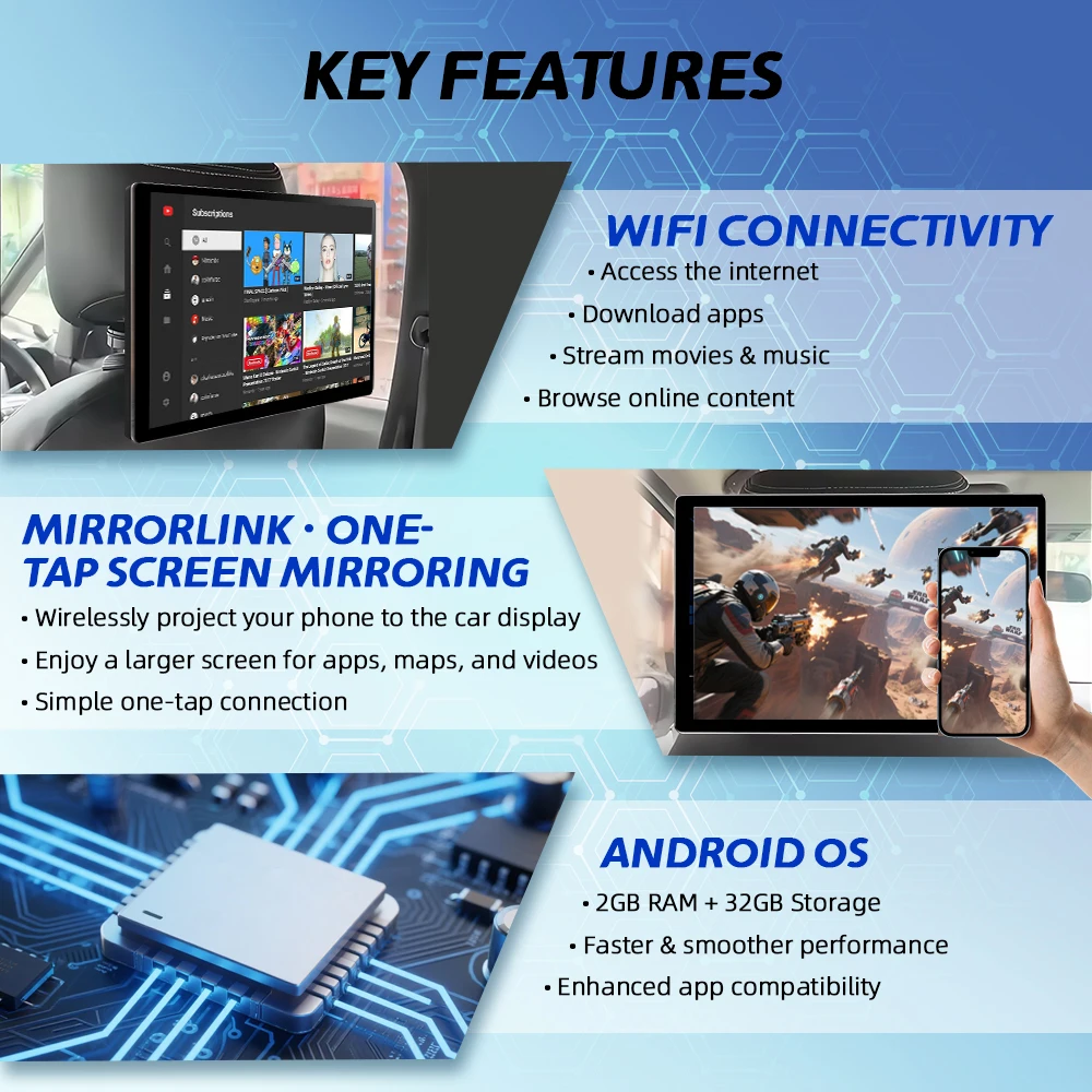 شاشة عرض مسند رأس السيارة مقاس 13 بوصة IPS Android مشغل فيديو المقعد الخلفي للسيارة شاشة تعمل باللمس لمشغل المقعد الخلفي للسيارة #4
