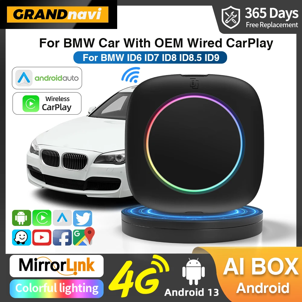 New Android 13 Wireless CarPlay AI Box For BMW Cars ID6 ID7 ID8 ID9 Wireless CarPlay 4G WIFI GPS Support For YouTube Netflix