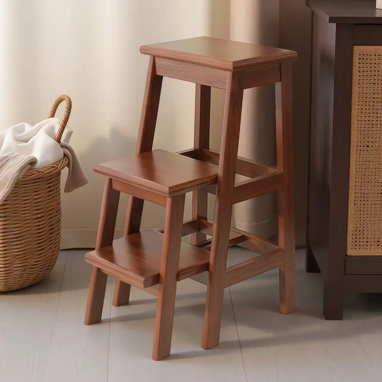 Solid wood ladder stool Household retractable stool Multifunctional kitchen Living room Dual-purpose climbing ladder stool place