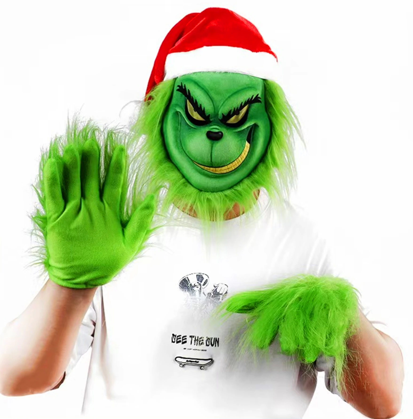 

Green Monster Grinch Mask with Gloves Halloween Costume, Green Latex Full Head Scary Mask, Santa Hat one Set