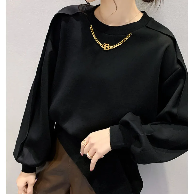 New Autumn Fashion Trend Design Sense Irregular Hem Waistband Round Neck Loose Versatile Western Style Slim Women\'s Sweater