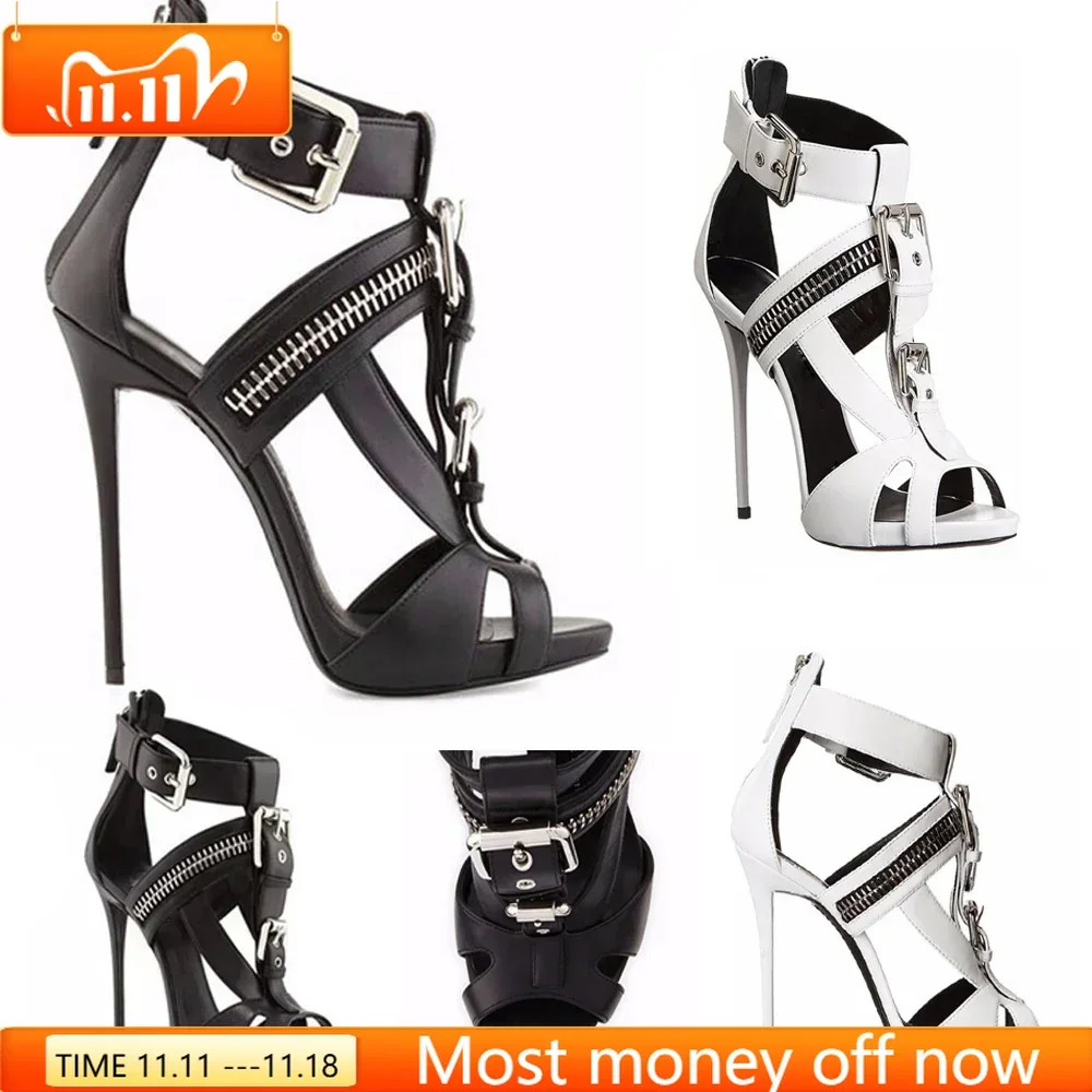 【Measure your feet length before order】Women Stiletto High Heel Buckle Strappy Sandal Zippers Punk Evening Prom Lady Shoe I-SL-1