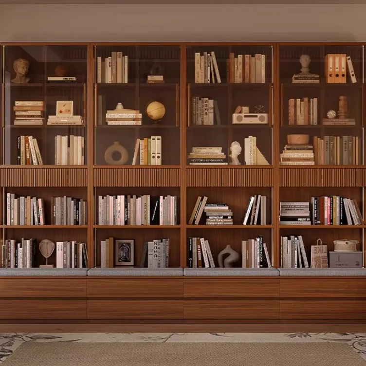 Solid wood bookcase full wall with glass combined display cabinet integrated cabinet whole wall card seat bookcase living room f