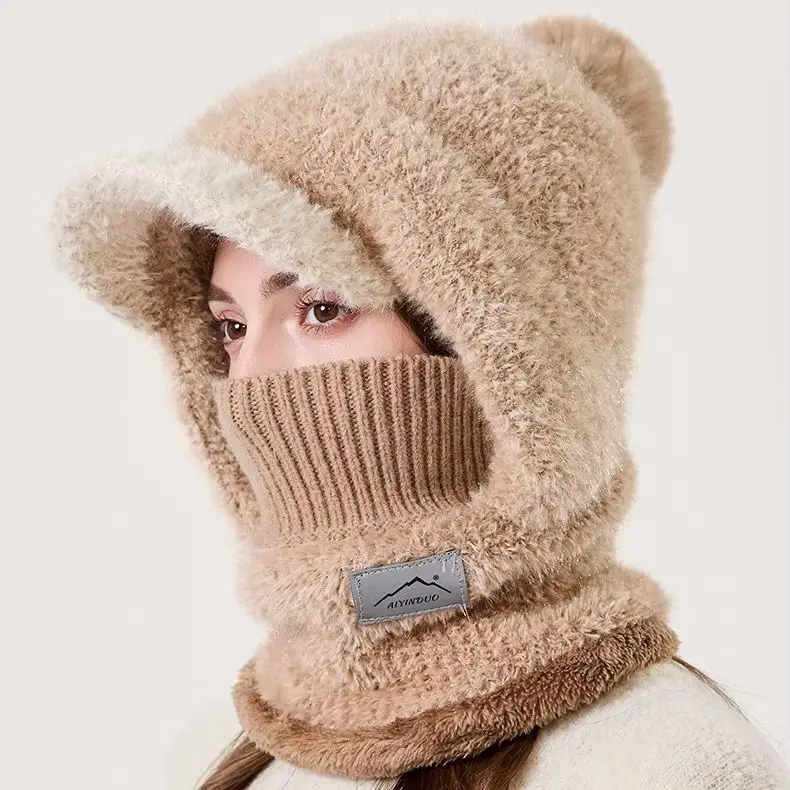 Women's Winter Fleece Neck Warmer Integrated Hood Solid Patchwork  Warm Windproof Simple Outdoor Pom-Pom Hat Brim.