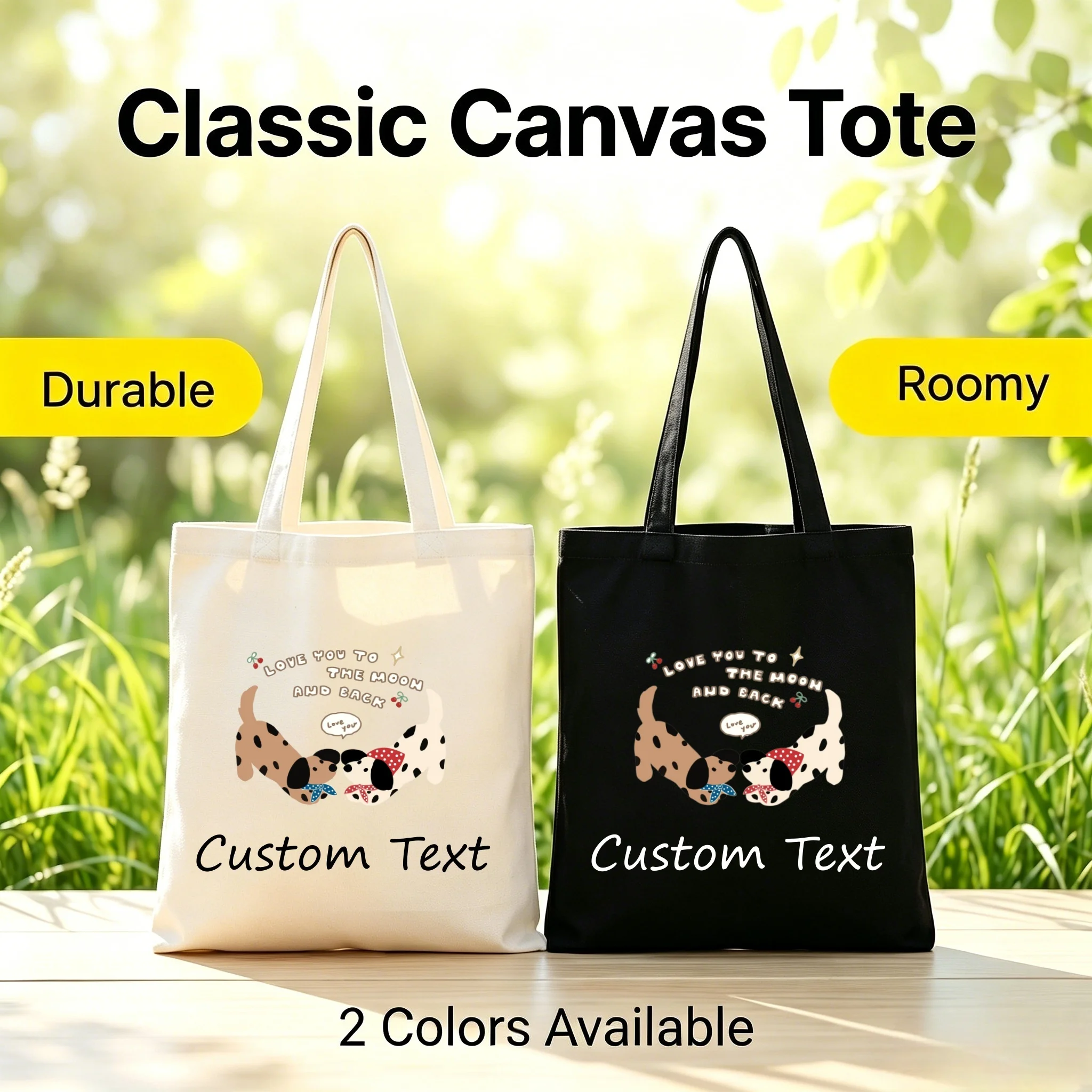 1pc Canvas Tote Bag Cute Dachshund Love Print Custom Text Roomy Durable 2 Colors Shoulder Bag