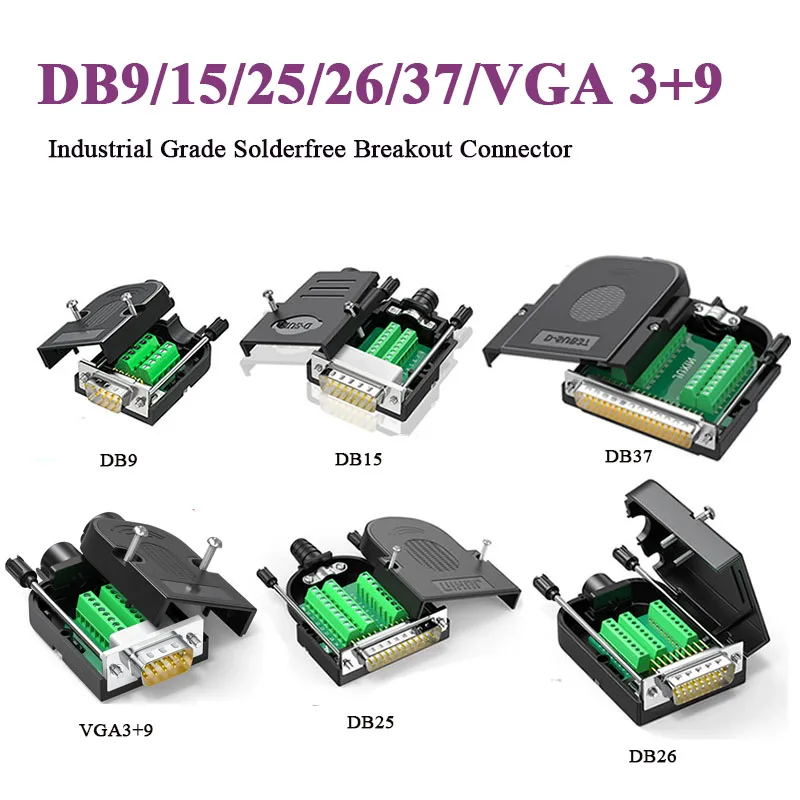 RS232 DB9 DB15 DB25 DB26/37 Breakout Connector Solderless 9 15 25 26 37 Pin Terminal D-SUB Connectors 3+9 VGA Male Female Plug