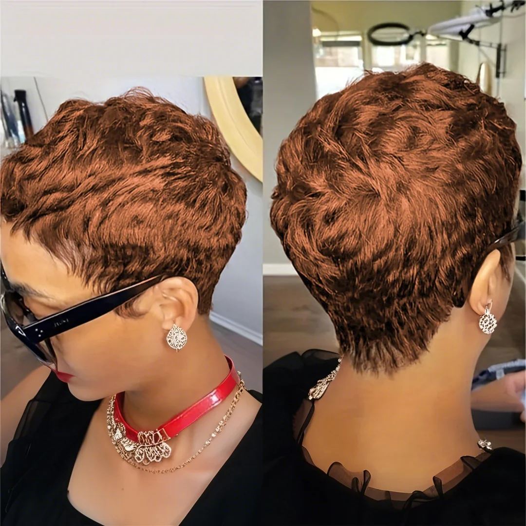 6inch Short Pixie Cut Straight Wig Human Hair for Women Machine Made with Pre-Styled Bangs Tangle-Free Natural Hairline