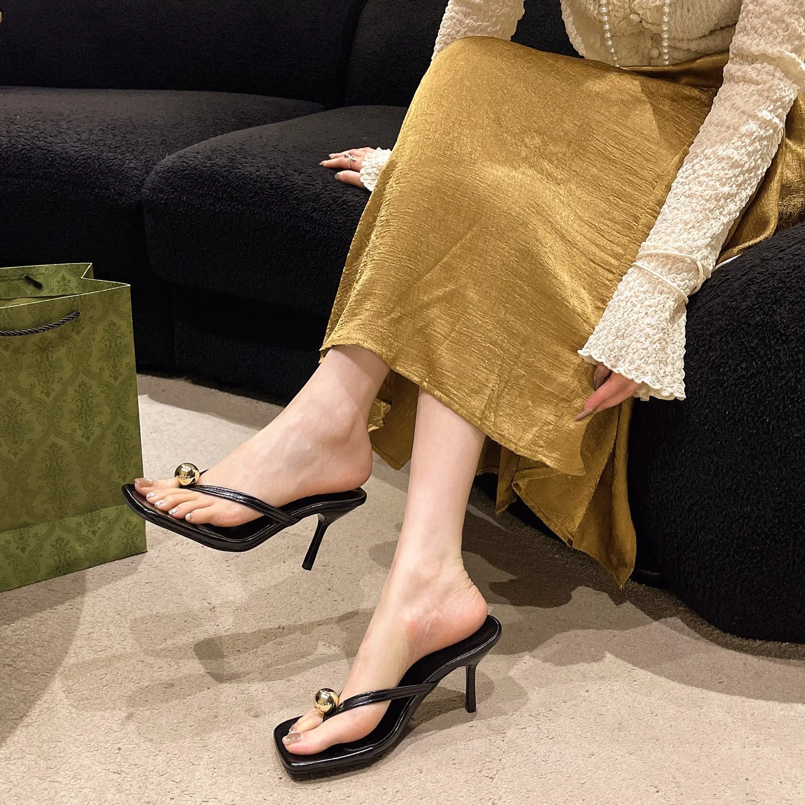 

Women's Fashion Slippers Square Toe Toe Clip Thin Heels Women Shoes Dress Golden Beads Summer French Sexy Zapatillas De Mujer