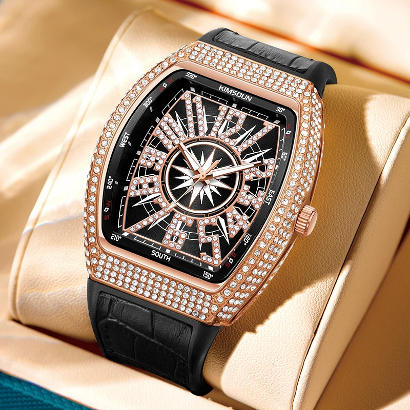 Luxury Watches For Men Hip Hop Iced Out Diamond Tonneau Quartz Wristwatch Fashion Rose Gold Inlay Rhinestone Man Watch Gift 2023