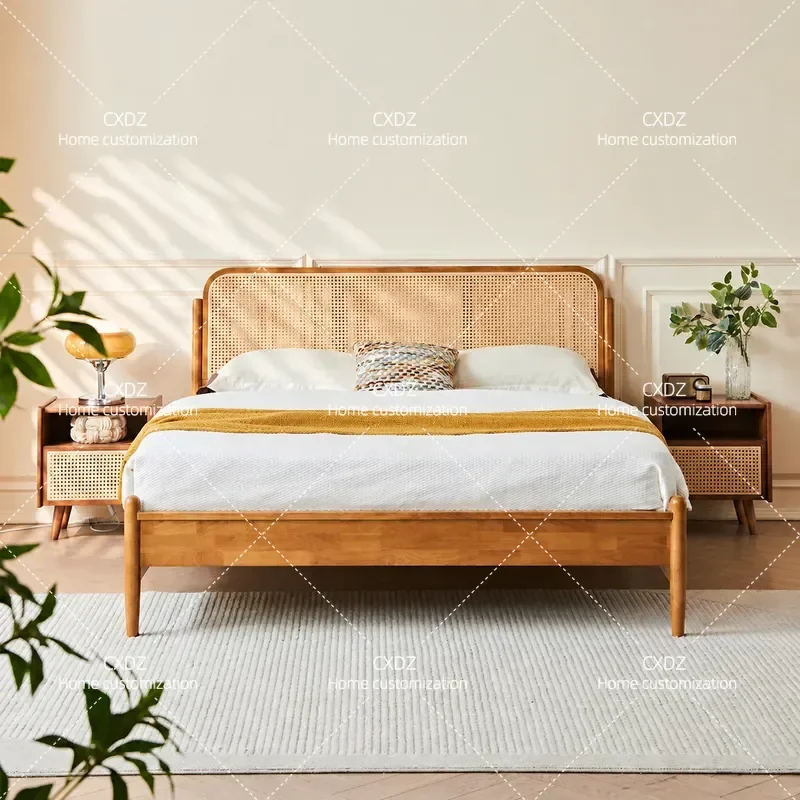1.8m Wabi Sandy Wind Rattan Back Double Bed Solid Wood Frame Chinese Ancient Style Wedding Bed for Home Bedroom B&B Hotel