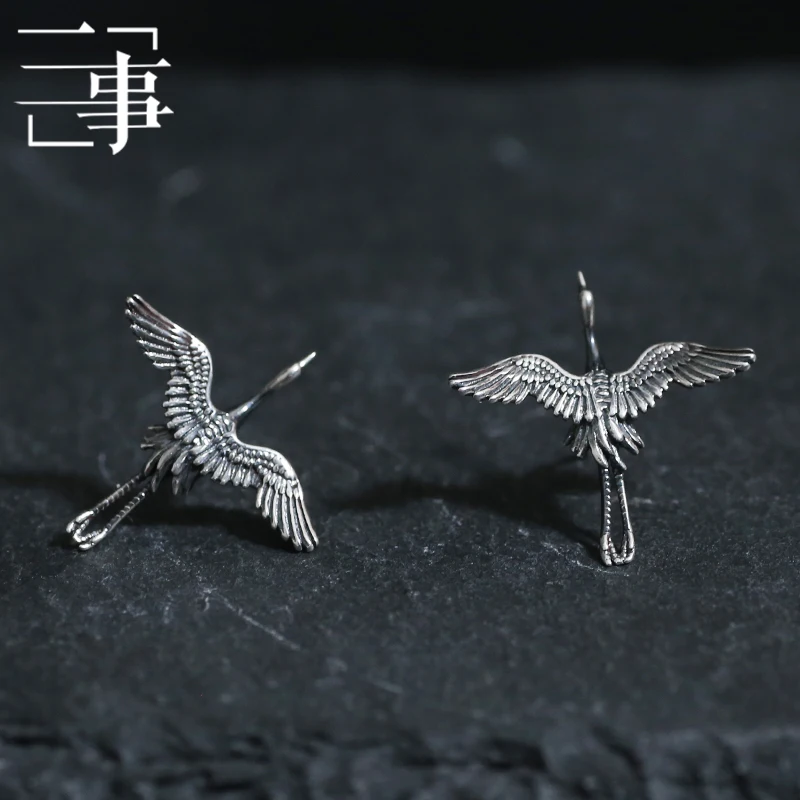 

HQ S925 Sterling Silver Crane Earrings for Women Fine Carved Handmade Vintage Ear Clip Earring Custom Jewelry Accessories Gifts