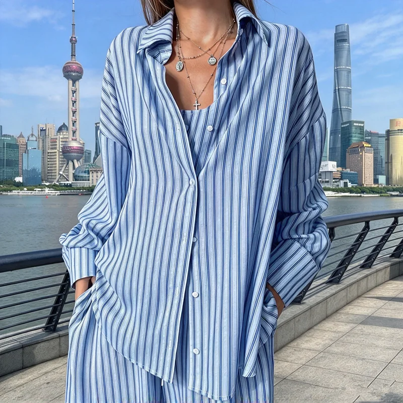 Women Striped Print Pajama 3 Pcs Set, Loose Shirt + Cami Crop Top & Wide Leg Pants, Soft Breathable Home Loungewear Sleepwear