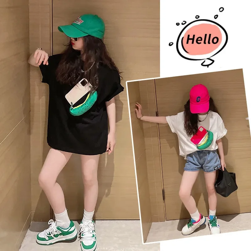 Korean Children's Clothing Summer Fashion Casual Black Crewneck T-shirt Pullover Mid-length Short Sleeve Tops Girl Outfit 4-14 Y