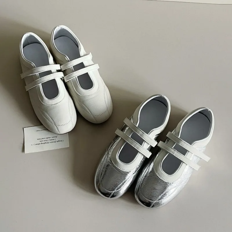 

2025 Hot Selling New Silver Mary Jane Shoes Versatile Round Toe Casual Shoes for Women's Flat Ballet Shoes Zapatos De Mujer