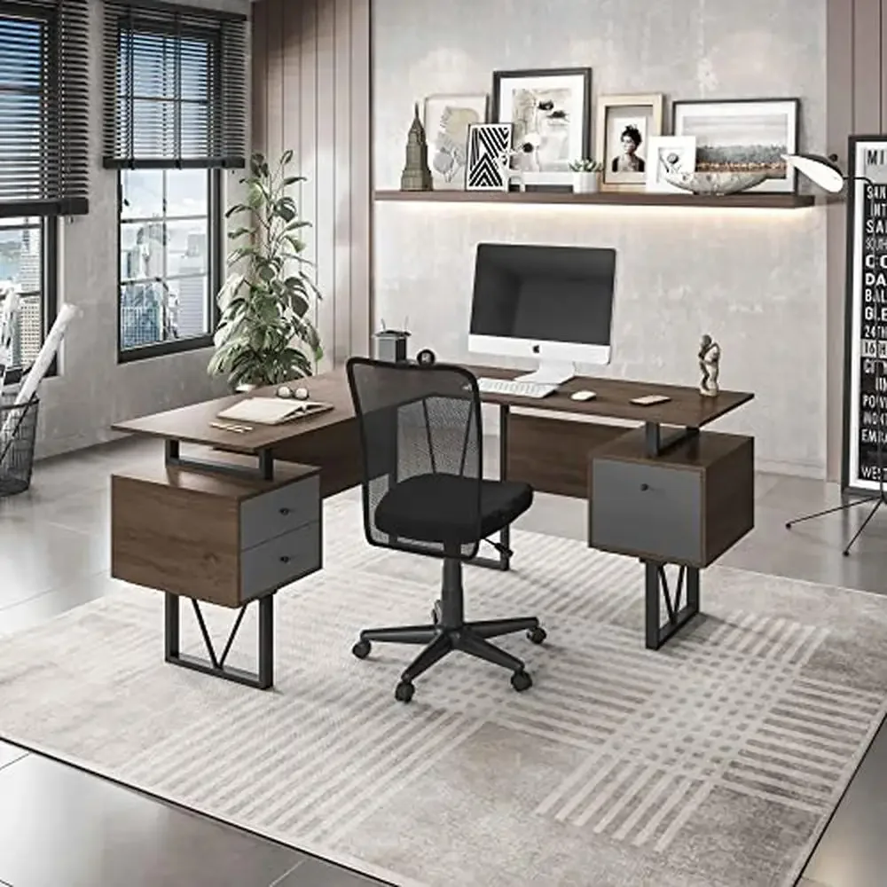 L-Shaped Home Office Desk with Drawers and File Cabinet 59