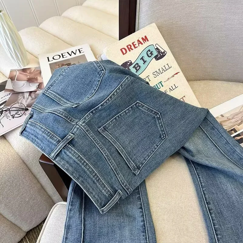 

High Waist Wide Leg Straight Cut Jeans Women's Retro Blue Micro Flared Denim Pants Spring New Design Slimming Trousers