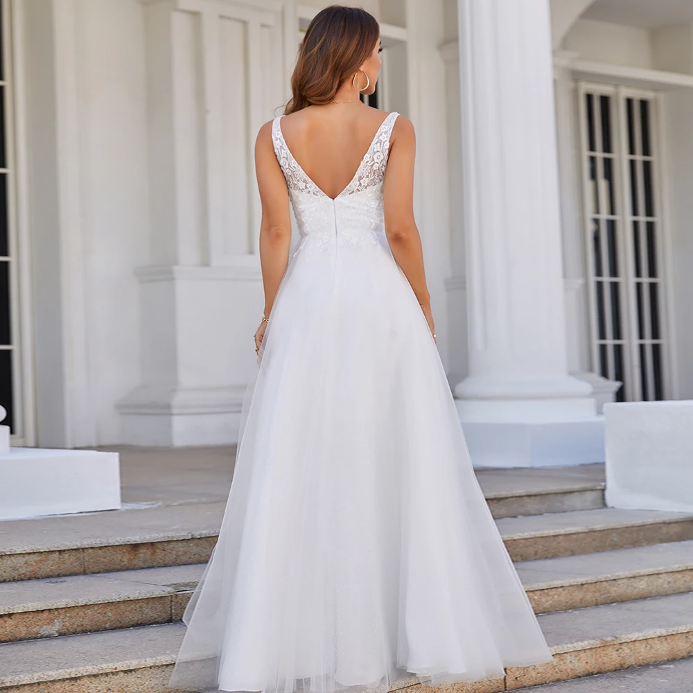 Gợi Cảm Một Dòng Áo CướI Cổ V Chân Váy Xòe Caro Ren Appliques Voan Cô Dâu Áo Hở Lưng Áo Dây De Mariee Vestidos De novia