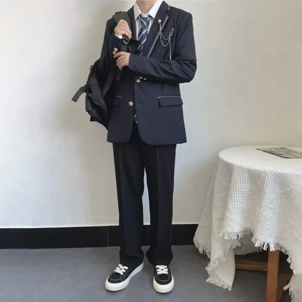 Mens Blazer Jacket Japanese School Uniform Style British Academic Slim Fit Casual Sport Coat Navy Black Youth Fashion Suit