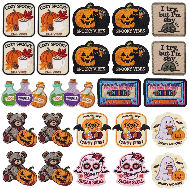 10pcs Cute Spooky Halloween Applique Iron On Patches On Clothes Spooky Pumpkin Skull Embroidery Patch For Clothing Festive Decor