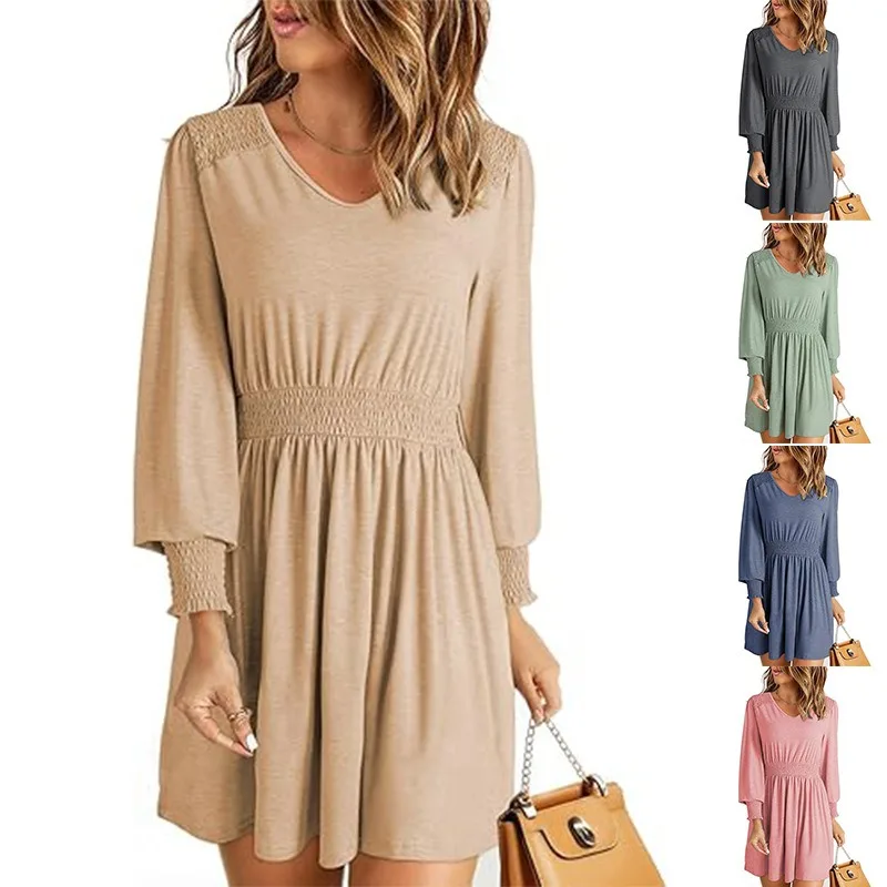 

Плиссированный халат трапециевидной формы с длинным рукавом и v-образным вырезом Feminina Vestidos Para Mujer Midi Элегантные вечерние платья Пуловер Базовая женская одежда