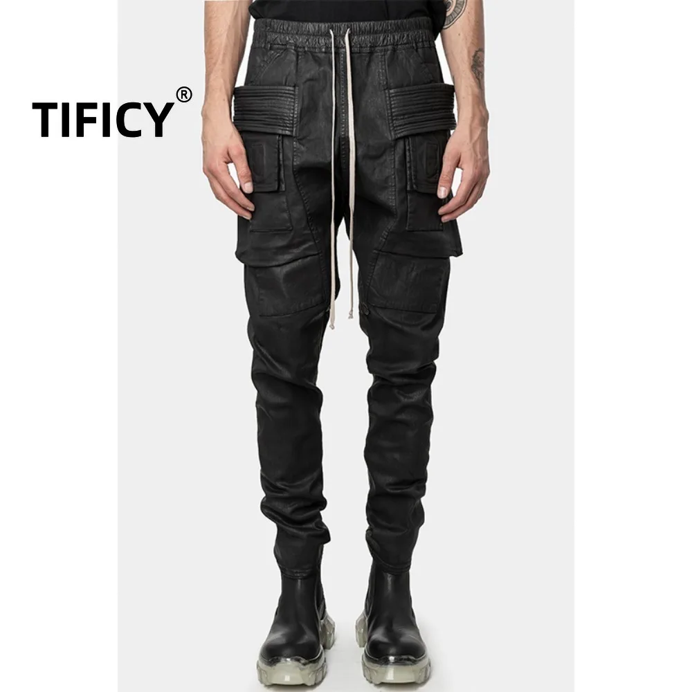 High Street Pants Men's Classic High Street Dark Style Brushed Wax Coating Double Ring Workwear Casual Loose Straight Leg Pants