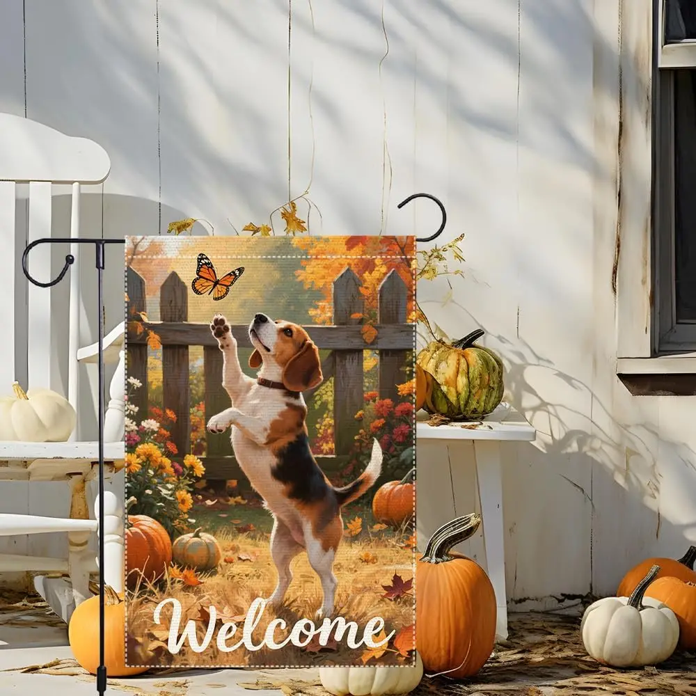 Welcome Fall Garden Flag 12x18 Inch Beagle Garden Flags Double Sided Vertical Outside Patio Burlap Autumn Pumpkin Small Beag KKW