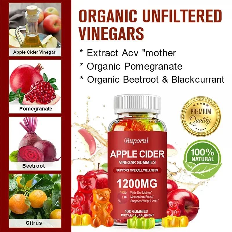 Apple Cider Vinegar Gummies 1200MG - Helps Detoxi, Effective Weight Management, Reduces Anxiety, for Overall Health, Immunity Su
