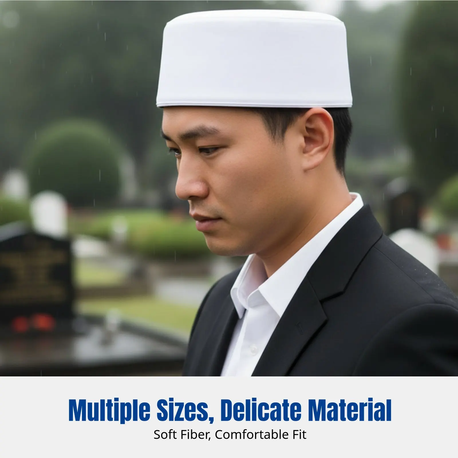 

Men's Muslim Prayer Cap, Cream Rigid Kufi Hat, Polyester, Flat Top, Funeral Ceremony, Simple Design