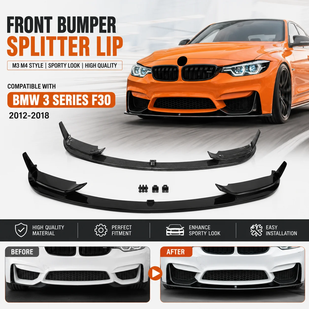 Car Front Bumper Spoiler Splitter Lip Compatible with BMW 3 Series F30 2012-2018 M3 M4 Style Diffuser Bodykits Tuning