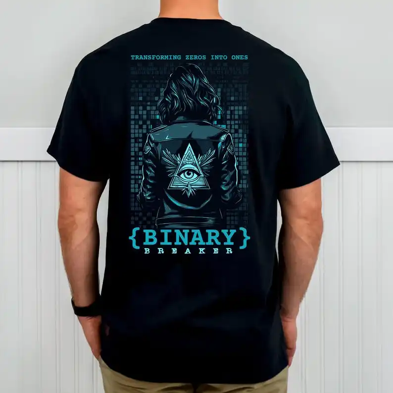 

Camiseta con estampado de hacker en la espalda, "Binary Breaker" con ojo que todo lo ve, simbolismo de código digital como
